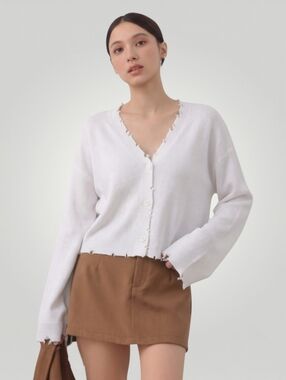 525 America White Cotton Cardigan Small Bell Sleeve‎ Raw Edge Frayed Trim New